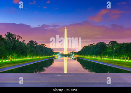 Washington Monument on the Reflecting Pool in Washington, D.C. USA at dawn. Stock Photo