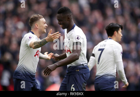 Tottenham Hotspur's Davinson Sanchez (centre) celebrates scoring his side's first goal of the game with Kieran Trippier during the Premier League match at Wembley Stadium, London. Stock Photo