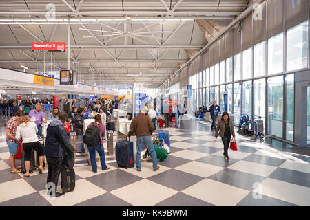 CHICAGO - APRIL 05, 2016: inside of O'Hare International Airport. O'Hare is currently a major hub for American Airlines and United Airlines, as well a Stock Photo