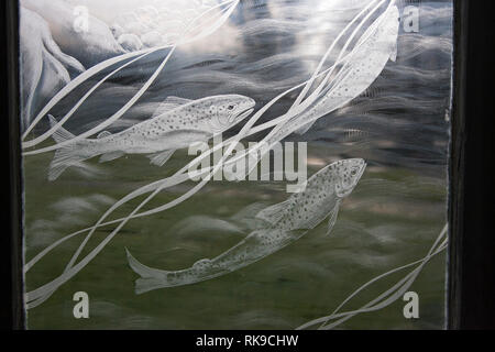 Section of engraved Millennium window Boldre Church New Forest National Park Hampshire England Stock Photo