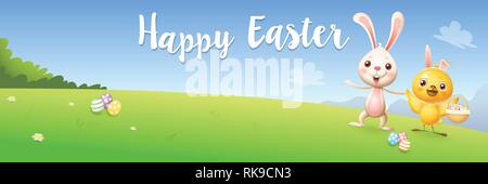 Happy Easter banner - chicken and bunny hunting eggs - spring landscape background vector illustration Stock Vector