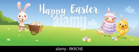 Happy Easter banner - bunny chicken and lamb hunting eggs on spring landscape background Stock Vector
