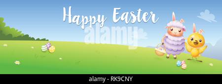 Easter greeting card banner - chicken and lamb hunting eggs - spring landscape background vector illustration Stock Vector