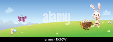 Easter bunny and butterfly with carrying cart hunting eggs - spring landscape background Stock Vector