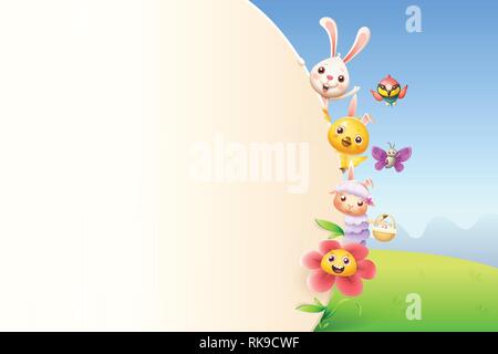 Easter friends animals and flower on right side of board - spring landscape background Stock Vector