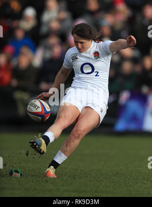 England's Katy Daley-McLean kicks a penalty during the Women's Six Nations match at Castle Park, Doncaster. Stock Photo