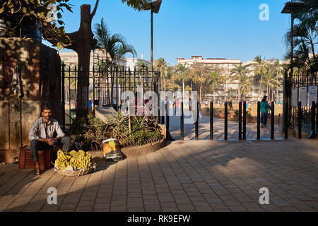 A banana vendor sitting by the entrance to Oval Maidan, Mumbai, India Stock Photo