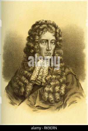 Engraving of Robert Boyle (1627 – 1691) an Anglo-Irish natural philosopher, chemist, physicist, and inventor. Boyle is regarded today as the first modern chemist, and one of the founders of modern chemistry, and the experimental scientific method. He is best known for Boyle's law. Stock Photo