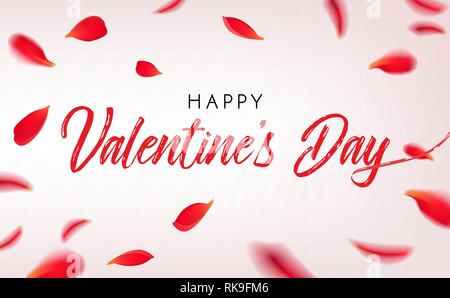Happy St. Valentine's Day greeting card with Falling red rose petals. Vector illustration with beauty roses petals and sign Stock Vector