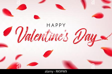 Happy St. Valentine's Day greeting card with Falling red rose petals. Vector illustration with beauty roses petals and sign Stock Vector