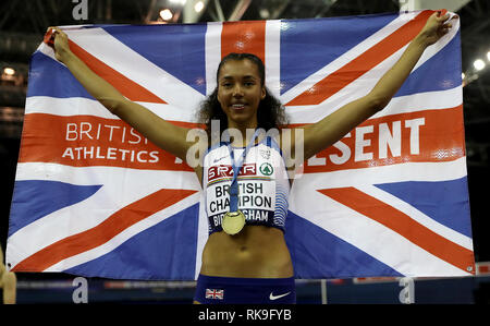 Morgan Lake celebrates winning the Women's High Jump during day two of the SPAR British Athletic Indoor Championships at Arena Birmingham. Stock Photo