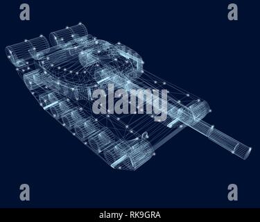 Polygonal wireframe of the tank with glowing lights on a dark blue background. 3D. Vector illustration. Stock Vector