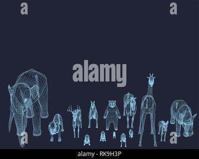 Set with a variety of mammals. Isometric. Animal wireframe on a dark blue background. Vector illustration. Stock Vector