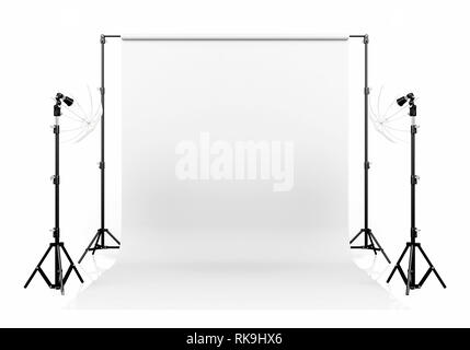 Photo studio lighting set up with white backdrop on white background, 3D Rendering Stock Photo