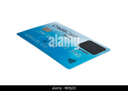 Front view of blue credit card with biometric sensor on white background. Biometrics in banking. Payment card with biometric technology. Using fingerp Stock Photo