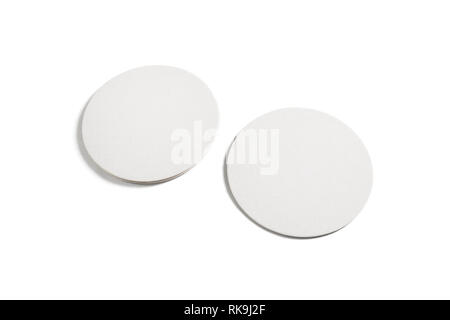 Two blank beer coasters isolated on white background. Clipping path. Stock Photo