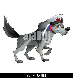 Gray forest wolf in a sailor hat with a ribbon in the style of the Russian flag of the tricolour isolated on white background. Vector cartoon close-up Stock Vector