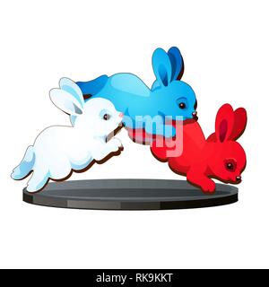 Statuette in the form of three jumping hares colors of the Russian flag of the tricolor isolated on white background. Vector cartoon close-up Stock Vector