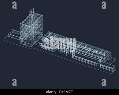 Wire Frame Isometric Isometric building. Wireframe of the industrial building on a dark blue ...