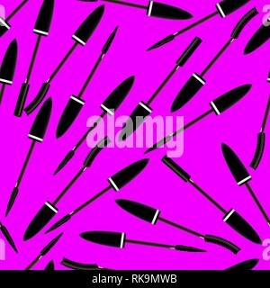 Seamless texture with mascara tassels. Black scattered brushes from the mascara on a pink background. Vector illustration. Stock Vector