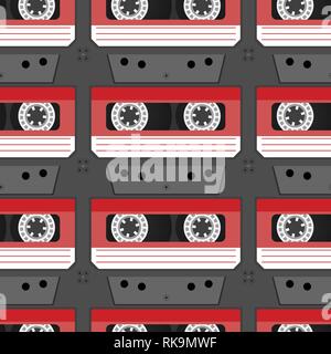 Seamless texture with cassettes. Retro cassette tape recorder. Vector illustration. Stock Vector