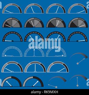 Set with speed indicators. Black and white indicators on a blue background. Vector illustration. Stock Vector