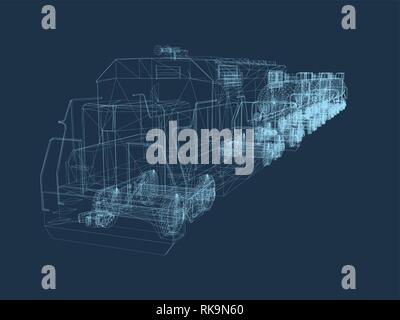 Train wireframe. Polygonal train with cisterns. Train of blue lines on a dark background. 3D. Isometric view. Vector illustration. Stock Vector