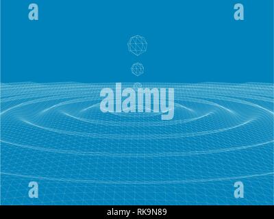 Background with mesh water splash. Frame splash of water on a dark background. Polygonal water drops. 3D Vector illustration. Stock Vector