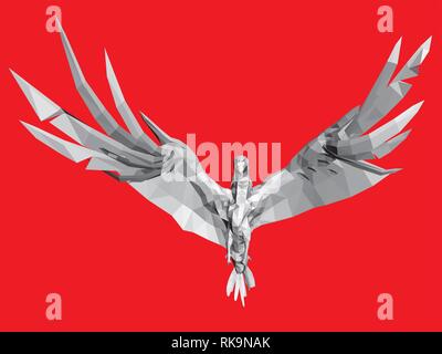 White polygonal eagle on a red background. The eagle spread its wings. Front view. 3D Vector illustration. Stock Vector