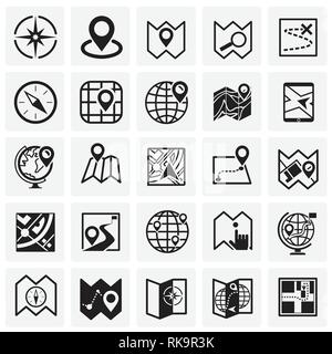 Map and navigation icons set on squares background for graphic and web design, Modern simple vector sign. Internet concept. Trendy symbol for website design web button or mobile app. Stock Vector