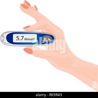 Blood test for glucose in a hand. Checking insulin level. Vector illustration on a white background Stock Vector