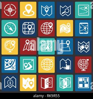 Map and navigation icons set on color squares background for graphic and web design, Modern simple vector sign. Internet concept. Trendy symbol for website design web button or mobile app. Stock Vector