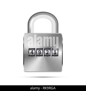 Glossy metal realistic padlock with code numbers isolated on white Stock Vector