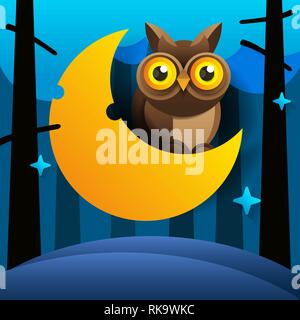 Cute Cartoon Pink Owl Sits On The Slumbering Crescent Moon In The Night Sky With Stars Stock Vector
