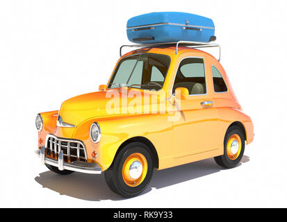 Retro cartoon car with laggage on top isolated on white. 3D illustration Stock Photo