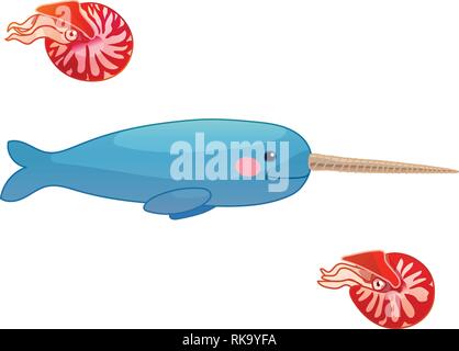 vector cartoon animal clipart: narwhal, nautilus Stock Vector