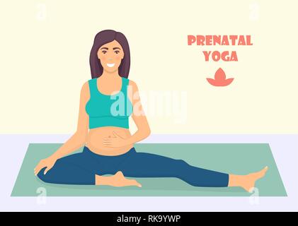 Pregnant woman doing yoga exercises on the mat. Yoga for pregnant women. Prenatal yoga. Vector illustration in flat style Stock Vector