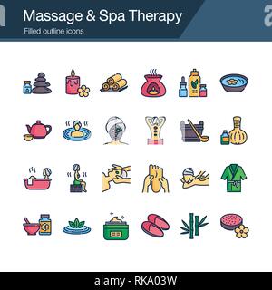 Massage and Spa Therapy icons. Filled outline design. For presentation, graphic design, mobile application, web design, infographics, UI. Editable Str Stock Vector
