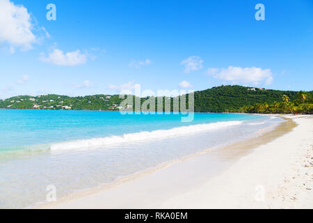 Spectacular Magens Bay beach in the morning on St Thomas Island, US VI. Scenic beach view with palms, white sand and rolling waves. Stock Photo