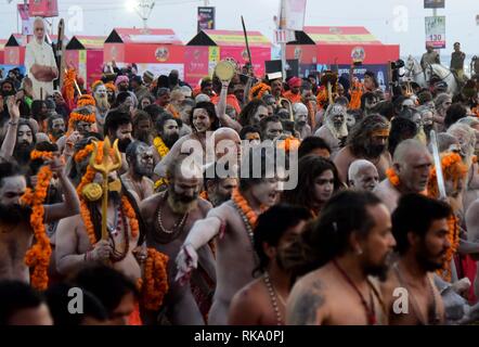 Allahabad, Uttar Pradesh, India. 10th Feb, 2019. Allahabad: Sadhus arrive to take holydip on the ocassion of Basant Panchami festival at Sangam during Kumbh or Pitcher festival in Allahabad on 10-02-2019. Credit: Prabhat Kumar Verma/ZUMA Wire/Alamy Live News Stock Photo