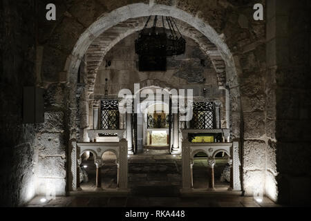 Jerusalem, Israel. 10th February, 2019. The 'Prison of Christ', a small Greek Orthodox chapel inside the Church of the Holy Sepulchre where Jesus was traditionally incarcerated by Roman soldiers before his crucifixion, based on a 9th century Byzantine monk who referenced the site as “the guardroom where Christ was imprisoned with Barabbas”, was recently reopened after repairs over a period of several years due to a fire which caused major damage. Credit: Nir Alon/Alamy Live News Stock Photo