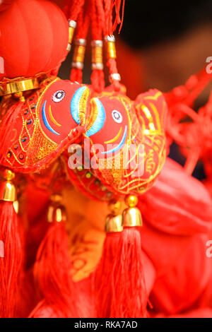 London, UK 10th Feb 2019. Colourful decorations. The performers make their way through Soho. London's Chinese New Year celebrations, the largest outside Asia, take place with colourful parades, lion and dragon dances, a procession through Soho, cultural performances and displays in and around Chinatown, the West End and Trafalgar Square. 2019 welcomes the Year of the Pig. Credit: Imageplotter News and Sports/Alamy Live News Stock Photo