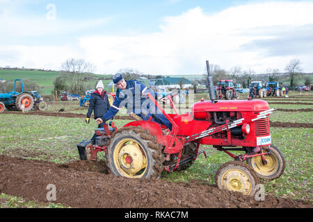 Timogeague, Cork, Ireland. 10th Feb, 2019. Rebecca Jennings watchs her father Gordon ploughing on his 1952 Massey Harris Pony at the West Cork Ploughing Association match that was held in Timoleague, Co. Cork, Ireland Credit: David Creedon/Alamy Live News Stock Photo