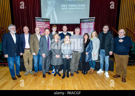 St Marys College ,Falls Road, Belfast, Northern Ireland, UK. 10th February 2019.  Geraldine Finucane (centre) with her family and Gerry Adams (left) attend a 30th anniversary memorial lecture for murdered Solicitor Pat Finucane. Credit: Bonzo/Alamy Live News Stock Photo