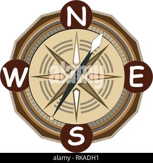 Compass flat isolated. Geography navigation pointing equipment with magnetic hand, wind rose and guide scale. Old GPS nautical topography instrument Stock Vector