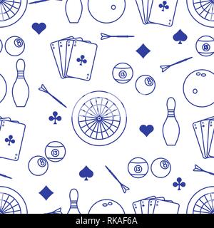 Seamless pattern with bowling pins and bowls, target and arrows for darts, playing cards, billiard balls. Sports background. Design for banner, poster Stock Vector