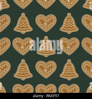 Seamless pattern with gingerbread bells and hearts. Holiday background. Design for banner, poster, textile, print. Stock Vector