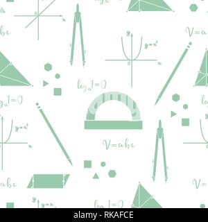 Mathematical scientific vector seamless pattern with geometry plots, tools and formulas. Education elements. Compasses, protractor, pencil, graphics,  Stock Vector