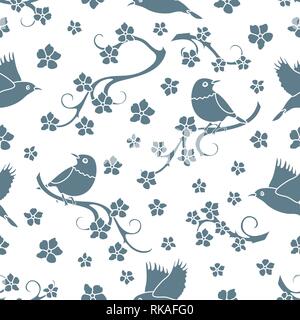 Seamless pattern with sakura branches, birds. Japan nature. Branches of cherry blossoms. Design for card, announcement, advertisement, banner or print Stock Vector