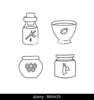 Natural organic products containers glass bottle jar bowl and pot set of doodles outline linear icons collection of ingredients fat honey birch sap ve Stock Vector